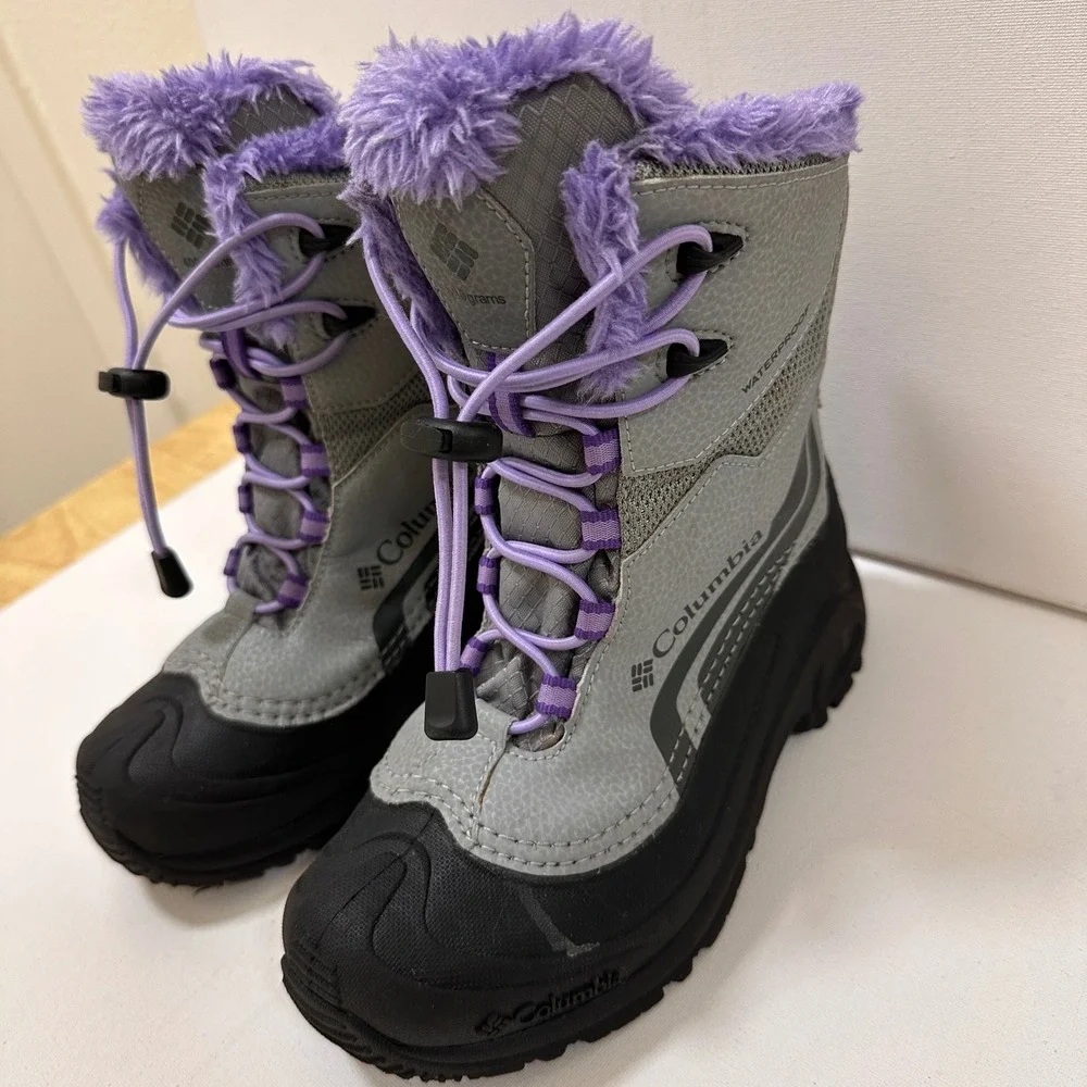 Columbia Bugaboot Plus IV Snow Boots Kids Size 3 Grey Purple‎ Good Waterproof